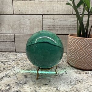 Natural Green Fluorite Sphere – Polished Crystal Ball w/ Brass Stand – 3–4”